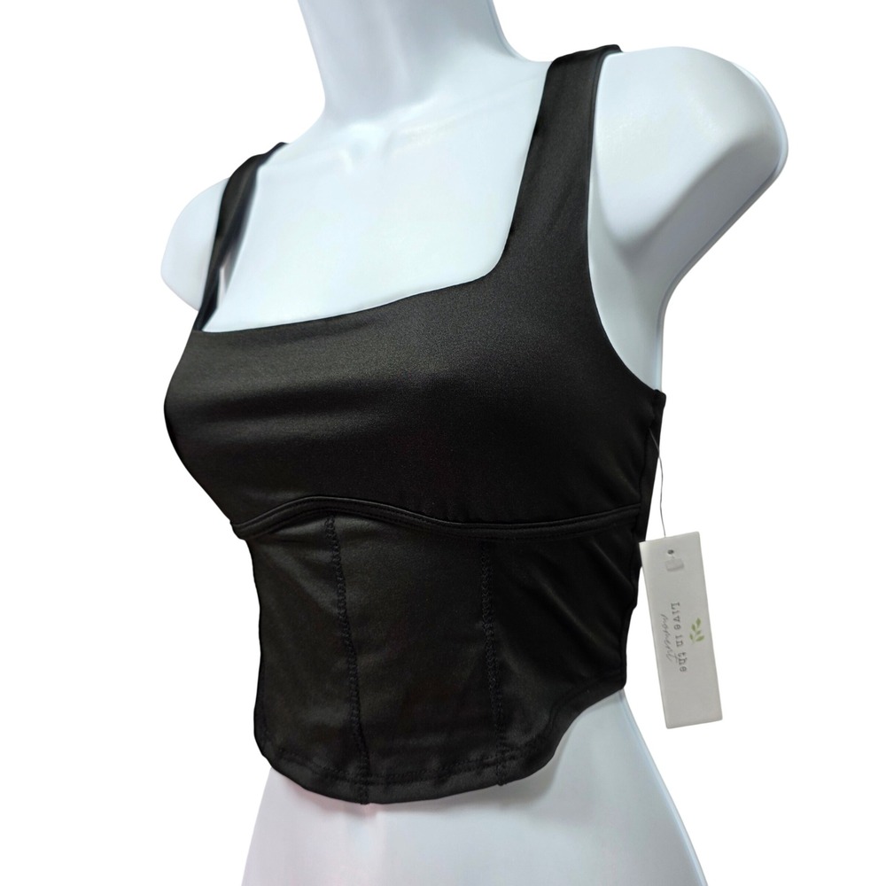 Live in the Moment Black Corset‎ Crop Top Square Neck Sleeveless Curved Hem New